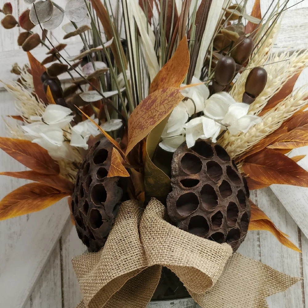 Metal Milk Can with Floral Arrangement Burlap Bow Cattails Dried Lotus